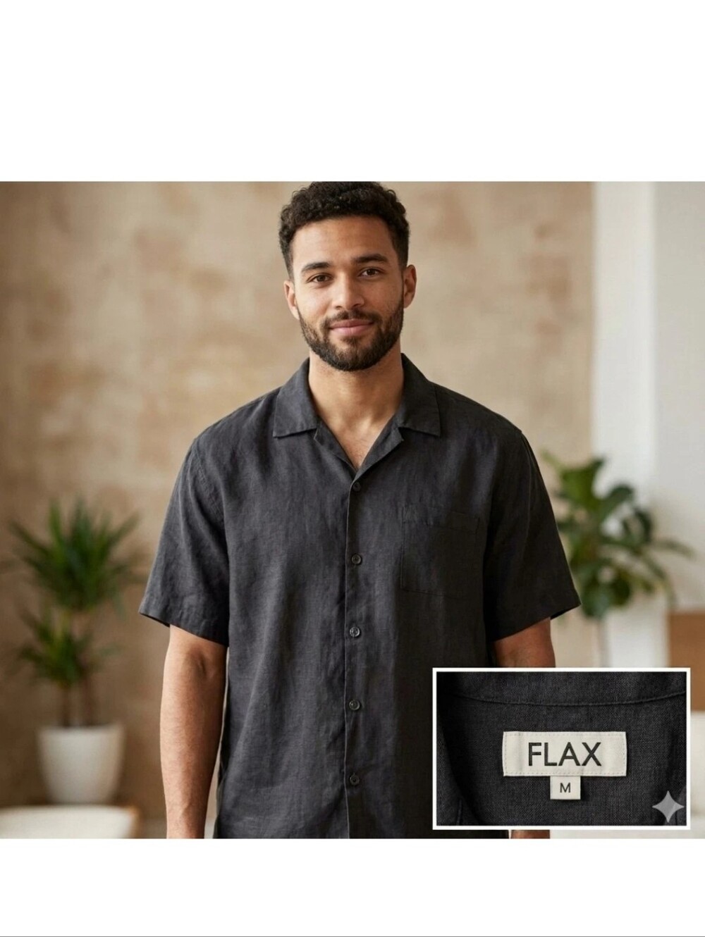 Vintage FLAX Jeanne Engelhart Mens Linen Shirt Black Button Up Short Sleeve M